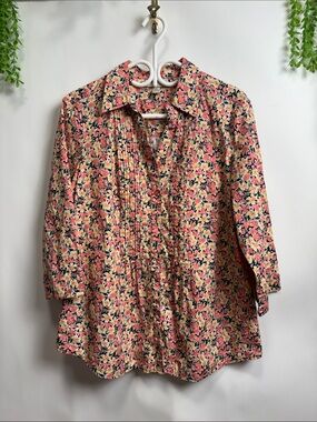 Appleseed's Coral and Yellow Floral Pintuck Button-Down Shirt